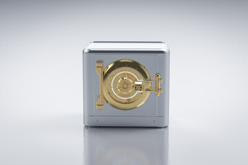 Metallic bank safe or steel safe with golden vault
