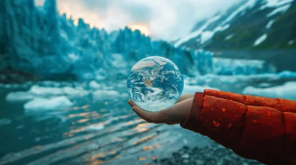 Fotobehang A hand holding a crystal glass earth globe with thr background of melting glaciers, depicting global warming across the world © K.A