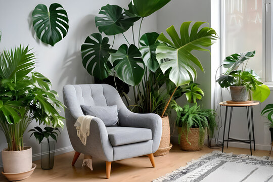 Grey armchair, indoor plants, monstera, palm trees. Urban jungle apartment. Biophilia design. Cozy tropical home garden. Home gardening. Gardening, hobby concept Eco friendly decor of living room