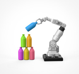 Machine learning concept with robotic arm arrange toy bottles