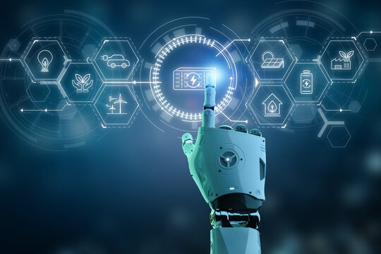 Smart energy storage concept with ai robot work with graphic display