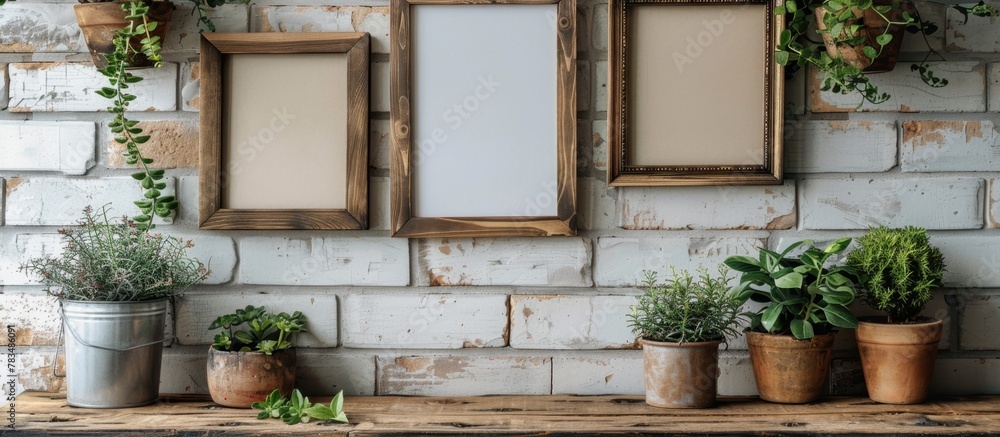Poster a close-up view of a wooden shelf holding three picture frames with green plants, adding a touch of 