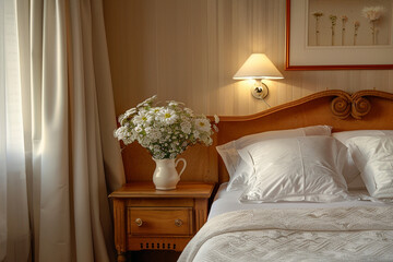 Bright and natural hotel room interior with single bed and wooden nightstand with flowers