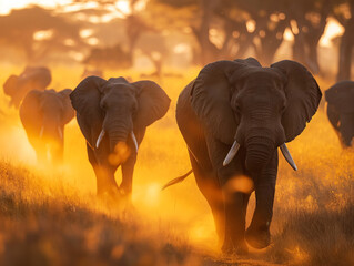 African Elephants, walk in the dust. Ai generated illustrations.