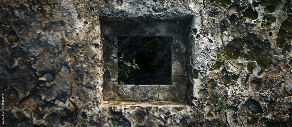 Poster A weathered stone wall of an ancient building features a small window with intricate carvings, adding character to the structure