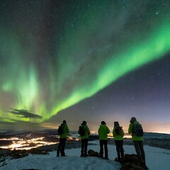 Group of explorers seen from behind while watching aurora borealis in the night sky