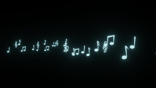 Illustration of musical notes running in a row on a black background. Music note animation. Animation of musical notes running in succession