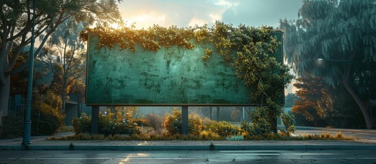 Urban setting showing a billboard positioned on a city street lined with various green trees and plants - obrazy, fototapety, plakaty