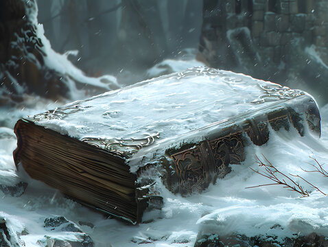 An old book is lying in the snow. The book is covered with snow and ice. The book is in a dark forest filled with snow.