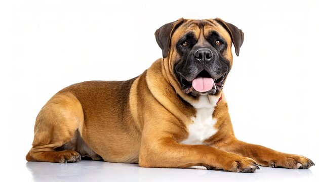 Boerboel - Canis lupus familiaris - is a South African breed of large family guard dog of mastiff type, with a short coat, strong bone structure and well developed muscles. Laying Isolated on white