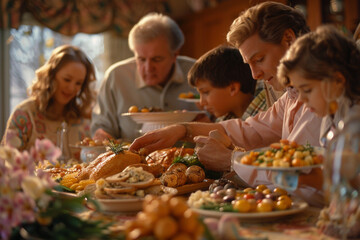 Close up of multigenerational family serving Easter dinner together.