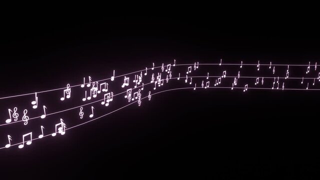 Illustration of musical notes running in a row on a black background. Animation of musical notes with three lines. Animation of musical notes running with three lines