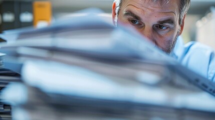A seriouslooking researcher intently studying a thick stack of printouts every line and number carefully scrutinized. .