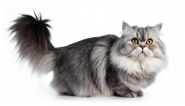 Persian longhair cat - Felis silvestris catus - is characterised by a round face and short muzzle with short legs, isolated on white background grey and white color standing looking at camera