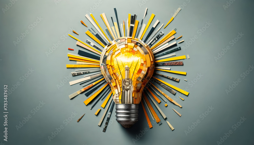 Poster An illuminated lightbulb surrounded by colorful rulers on a grey background, depicting a concept of creativity and measurement. Generative AI