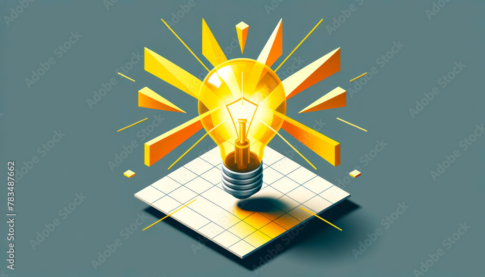 Poster an illuminated lightbulb over a notepad, abstract art style, on a grey background, embodying a creat