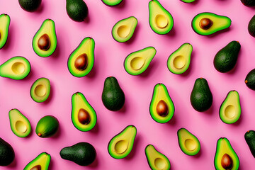Avocado pattern on pink background. Top view. Banners. Pop art design, creative summer food concept...