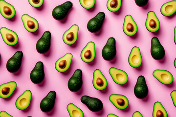 Avocado pattern on pink background. Top view. Banners. Pop art design, creative summer food concept...