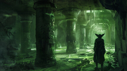 A Goblin Adventurer in a Dark Green Subterranean Chamber RPG Fantasy Art