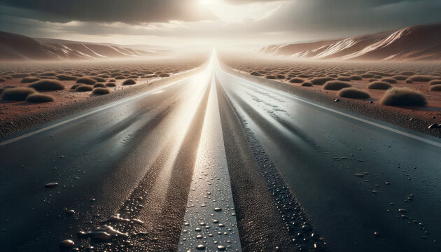 A wet road leading toward a horizon, with sunlight casting rays, against desert dunes in the background, depicting a concept of journey. Generative AI