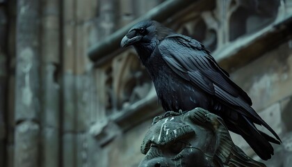 Fototapeta premium Melancholic Crow Perched on Weathered Gargoyle in Gothic Cathedral Shadows