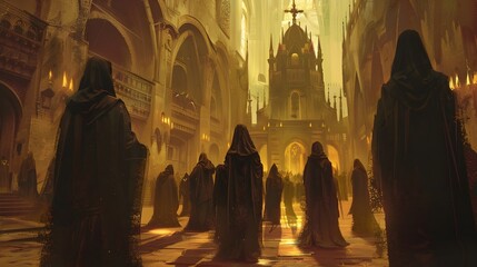 Cloaked Figures Performing Sinister Ritual in the Shadow of a Towering Gothic Cathedral
