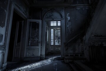 Fototapeta na wymiar Ghostly Shadows Haunting the Abandoned Manor Under the Full Moon's Eerie Glow