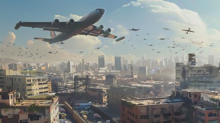 a towering, desolate cityscape from a worms-eye view in a dystopian world, featuring aircrafts symbolizing aviation milestones Add drama with unexpected angles Traditional Art Medium - obrazy, fototapety, plakaty