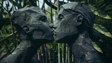 Fototapeta na wymiar Visualize a sculpted clay sculpture of two lovers gazing at each other affectionately in a futuristic garden setting, captured from an unexpected camera angle to enhance the emotional connection