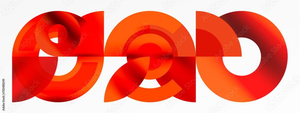 Poster a red logo featuring the letters e and o in an artful font on a white background