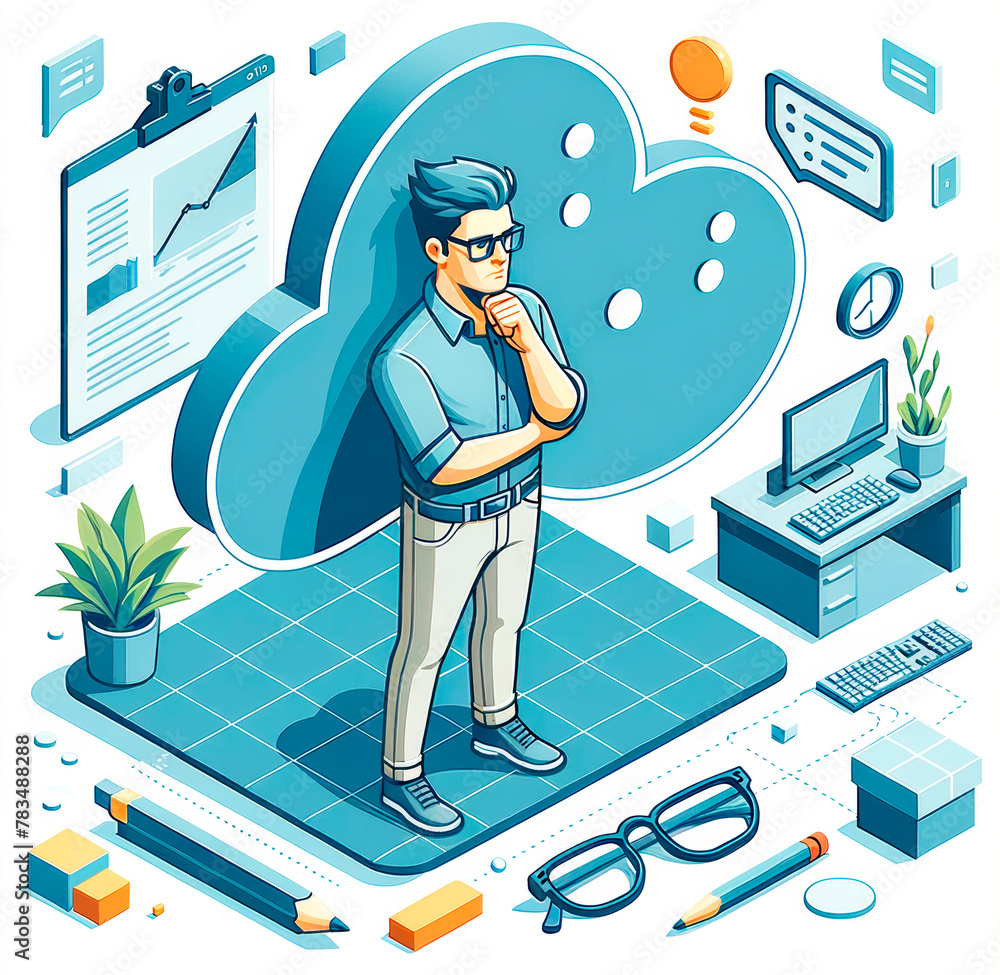 Poster an isometric illustration of a man with a cloud computing concept, office items in blue tones on a l