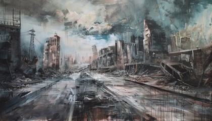 Transform the panoramic view of a dystopian cityscape into an eerie, photorealistic oil painting Capture the desolation and chaos with intricate brush strokes and a muted color palette - obrazy, fototapety, plakaty