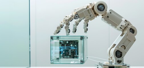 A close-up of an industrial robotic arm holding a cube glass box containing a microchip, with a white theme,