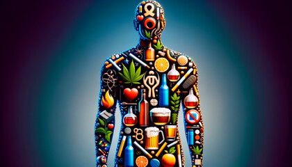 Illustration of human silhouette filled with symbols of bad habits on a gradient background, depicting the concept of addiction. Generative AI