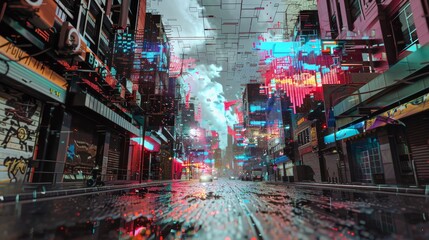 Transform the concept of Utopian Dreams into a pixelated wonderland of street art Through glitch art techniques and unexpected camera angles, create a dynamic composition that blurs the lines between - obrazy, fototapety, plakaty