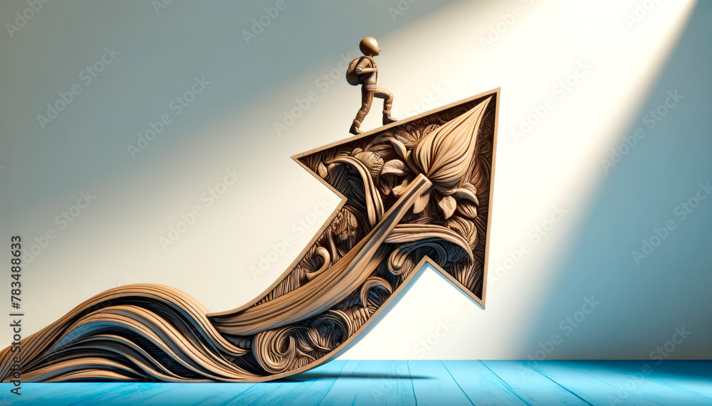 Poster a figure walking on an artistic ornate arrow pointing upwards on a light background, depicting growt