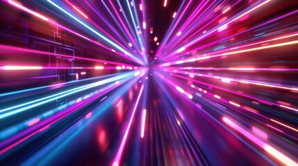 Abstract cyberpunk neon light speed lines background with a blur effect. Digital technology concept. Motion blurred light streaks on a dark background, high resolution.