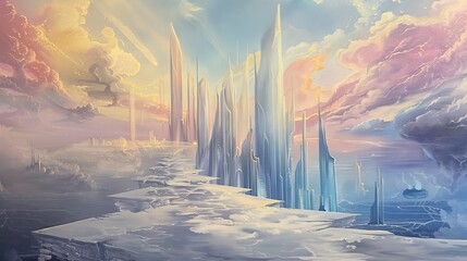 Paint a serene, surreal ethereal landscape of a futuristic city rising to the sky, with soft, dreamy colors blending into each other, in acrylic medium - obrazy, fototapety, plakaty