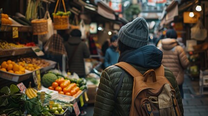 A woman wearing a hat and a backpack walks through a market - obrazy, fototapety, plakaty