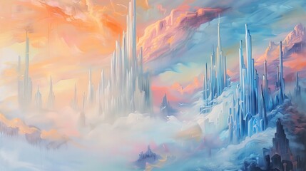 Paint a serene, surreal ethereal landscape of a futuristic city rising to the sky, with soft, dreamy colors blending into each other, in acrylic medium - obrazy, fototapety, plakaty
