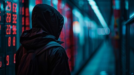 A person wearing a hoodie is standing in a dark room with a large number of cloc