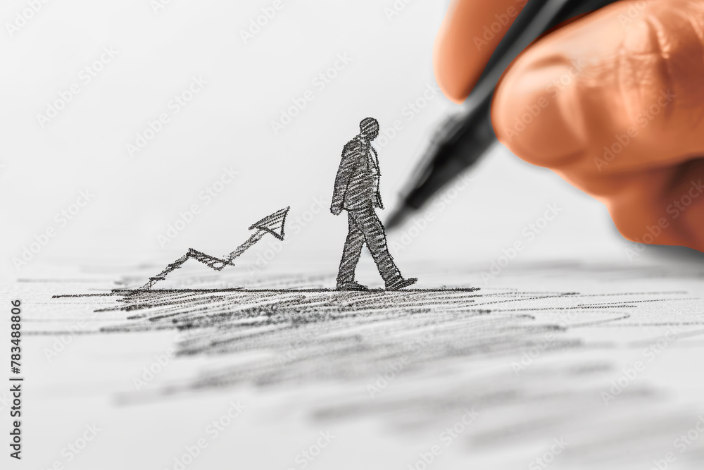Poster a hand drawing a person and upward trend line on paper, concept of growth and strategy in sketch sty