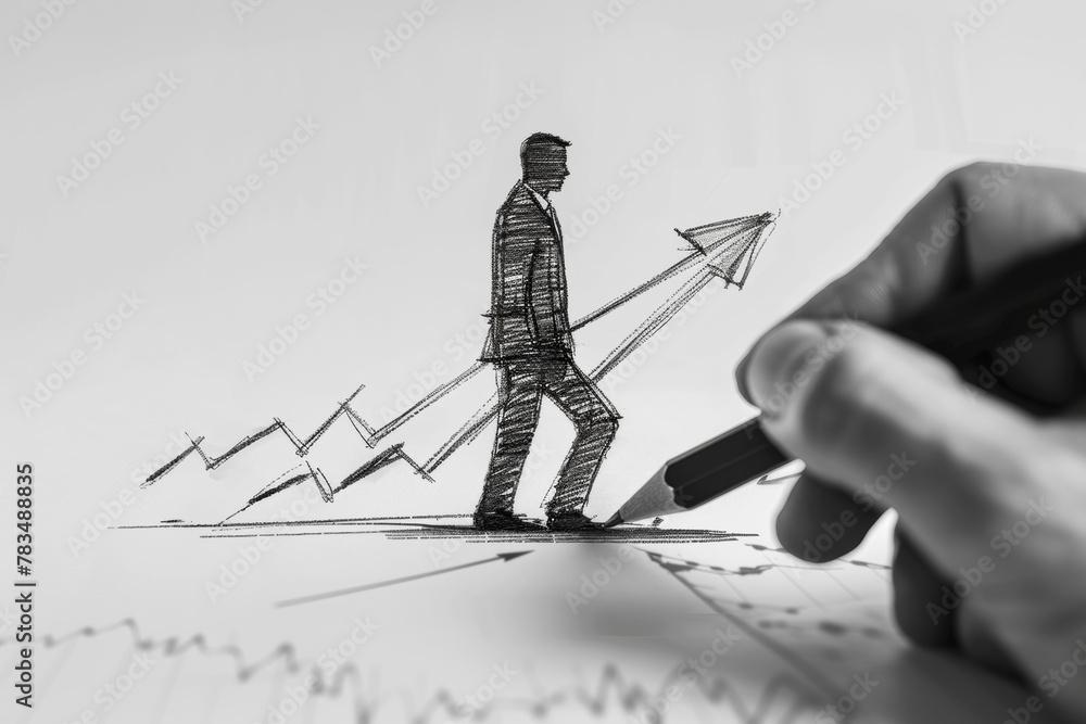 Poster a sketched figure of a person with an arrow depicting growth on a white background, symbolizing a bu
