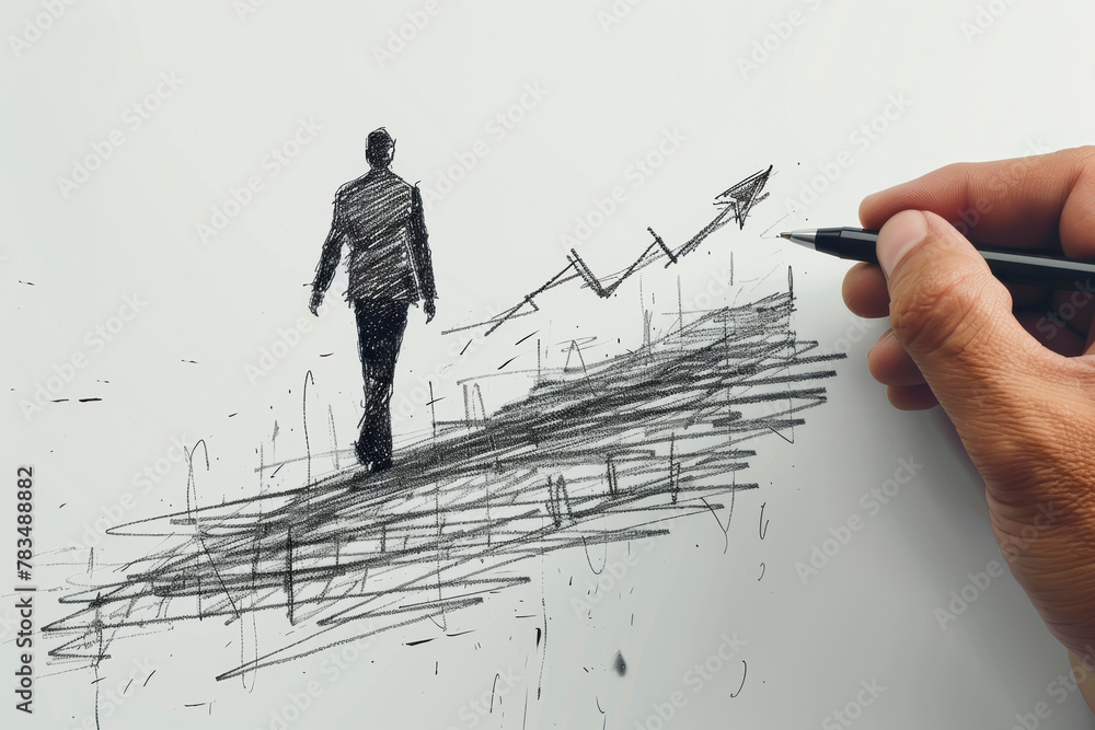 Poster a hand drawing a concept sketch of a person walking towards an upward arrow on a white background, s