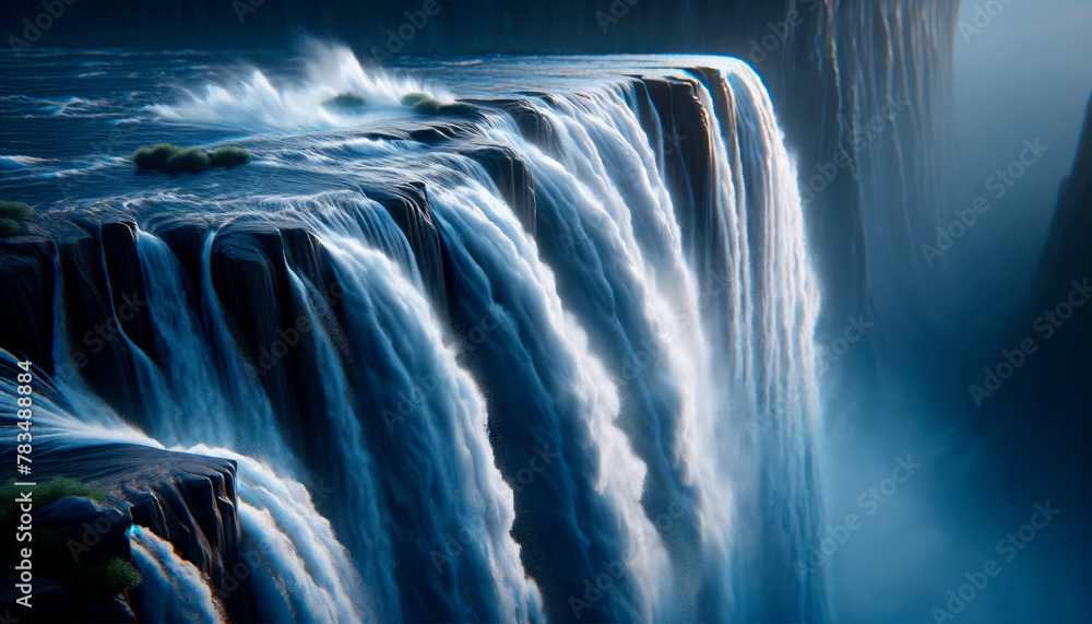 Poster a dramatic image of a cascading waterfall with mist and dark blue tones, set against a moody backgro