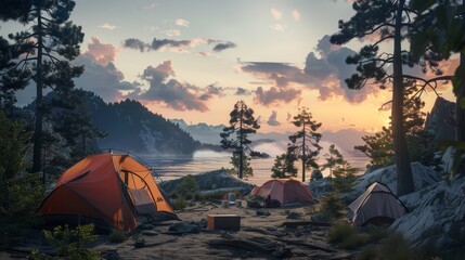 Infuse the rugged beauty of the wilderness camping experience with a psychological twist using an eye-level angle Integrate unexpected camera angles to evoke feelings of isolation and self-discovery T - obrazy, fototapety, plakaty