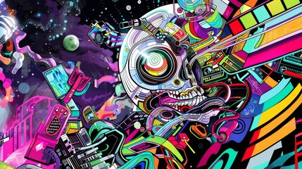 Immerse the viewer in a surreal world where robotic dance meets eclectic street art, depicting the fusion through a mix of vibrant colors and sharp lines in a detailed vector illustration that radiate
