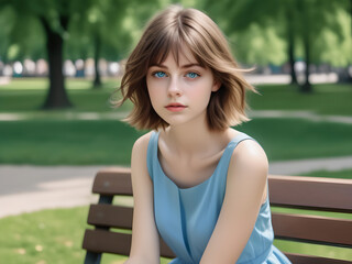 Cute girl in a blue dress sits on a park bench. A girl with a sad look.