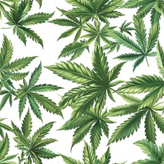 seamless pattern with green cannabis marijuana leaf on white background for decoration of fabric and textile