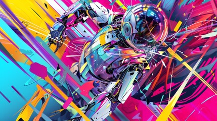 Immerse the viewer in a surreal world where robotic dance meets eclectic street art, depicting the fusion through a mix of vibrant colors and sharp lines in a detailed vector illustration that radiate